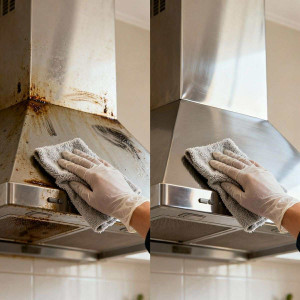 Photo de galerie - Nettoyage équipement de cuisine encrassé hotte gaziniere four micro-ondes avec aspirateur à vapeur karcher professionnel et produits de qualité 