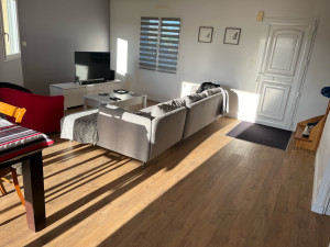 Photo de galerie - Installation d'un parquet flottant stratifié dans une pièce de vie, comprenant une intégration du paillasson au niveau de l'entrée.