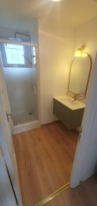Photo de galerie - Montage et pose meuble vasque, miroir, colonne et porte de douche, luminaire, parquet, peinture