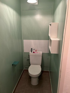 Photo de galerie - Rénovation de petites toilettes, changement de toilette avec lave mains intégré, penture posse de étagère 