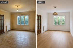 Photo de galerie - Rénovation complète d'une pièce d'habitation comprenant la préparation des supports, la réfection des murs et plafonds, les travaux de peinture ainsi que la modernisation des revêtements de sol et des finitions.