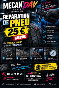 Photo de galerie - Mecan’Dav au Mans propose la réparation de pneus par mèche à 25 €. Une solution rapide, fiable et économique pour prolonger la durée de vie de vos pneus après une crevaison. Intervention toutes marques, avec contrôle d’étanchéité.