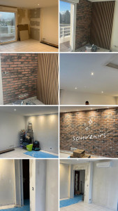 Photo de galerie - Aménagement, décoration d’un appartement de 40 m² avec la pose d’un parquet, flottant de deux murs en Parment, style brique un mur en crépi son plafond avec spot intégré et un doublage un Placo