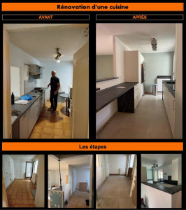 Photo de galerie - Renovation d’une cuisine, ouverture cloison, remplacement sol et modification électrique. 