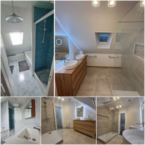 Photo de galerie - Rénovation salle de bain complète, pose d'une porte coulissante,
receveur, création de cloison placo avec niche,modification installation de plomberie et évacuation,
peinture