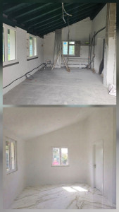 Photo de galerie - Aménagement d’un garage en salle a manger 
- creation de plafons rampants suspendu 
- creation de doublage 
- joints pour plaque de platre 
- peinture 