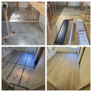 Photo de galerie - Pose d'un isolant PU sur lequel des dalles OSB sont installés afin d'accueillir le revêtement vinyles clipsable effet bois