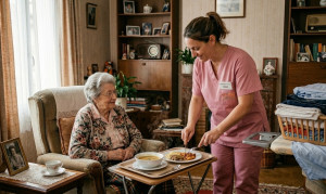 Photo de galerie - Auxiliaire de vie aidant une personne âgée lors du repas, illustrant notre accompagnement bienveillant pour l’aide à la prise des repas au quotidien.