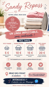Photo de galerie - Bonjour
 j'effectue du repassage à mon domicile. 
en vue de la  création prochaine de ma micro entreprise je recherche des nouveaux clients. 
Sandy