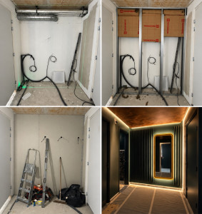Photo de galerie -  la pose du placo à la finition : une belle transformation !  Placo, peinture, décoration murale et miroir avec éclairage LED pour un résultat moderne, élégant et soigné. 