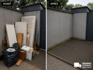 Photo de galerie - Évacuation d’encombrants : enlèvement de meubles, matelas, cartons et objets volumineux. Espace entièrement débarrassé et laissé propre après intervention.