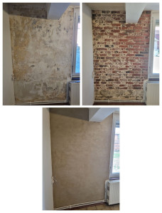 Photo de galerie - Rénovation d’un mur abîmé par l’humidité.
mur fortement dégradé.
-Dépose de l’ancien plâtre jusqu’à la brique
-Nettoyage et préparation du support
-Traitement anti-salpêtre
-Réalisation d’un enduit traditionnel à la chaux hydraulique.
