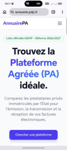 Photo de galerie - Création du site Web annuaire-pdp.fr
Un site qui permet à TOUS les professionnels de trouver une plateforme agréée pour la nouvelle loi sur la facturation électronique. 