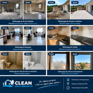 Photo de galerie -  AVANT / APRÈS : redonnez de l’éclat à vos espaces !   Avec Clean Multi-Service 07, profitez d’un nettoyage soigné pour retrouver des lieux propres, sains et agréables à vivre. 