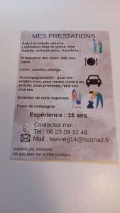 Photo de galerie - Flyer de présentation de mes services : aide aux personnes âgées et en situation de handicap, accompagnement quotidien, paiement CESU accepté, 15 ans d’expérience, disponible sur Bourges et alentours.