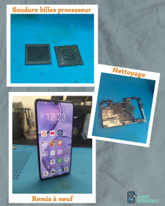 Photo de galerie - Redémarrage en boucle du téléphone sur le logo
procédé à un rebillage du processeur (soudure)
Téléphone opérationnel et sans perte de données 