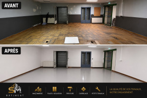 Photo de galerie - Avant ➜ Après Rénovation complète de cette pièce : enduit, peinture, remplacement de la porte-fenêtre et réalisation d’un sol en résine. SM Bâtiment 