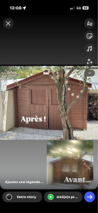 Photo de galerie - Avant / Après d’une rénovation complète d’un abri de jardin. Ponçage, préparation du support et application d’une protection pour redonner vie au bois. Travail soigné, finitions propres et devis gratuit.