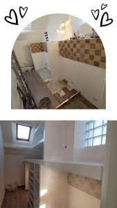 Photo de galerie - Fabrication d'un dressing en plaque de plâtre pose de bandes joint et renforcer, remis en état des murs en périphérie, peinture et ajout de carrelage au sol avec tiroirs et étagère en bois