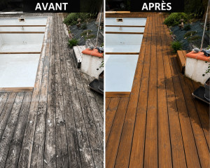 Photo de galerie - Rénovation de terrasse, nettoyage dégrisement, plus application de saturateur