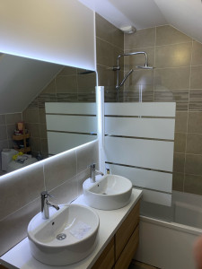 Photo de galerie - Pose d’un miroir LED, d’un pare douche ainsi que de la colonne de douche.
