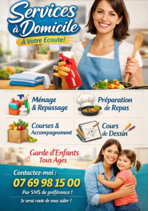 Photo de galerie - Je propose mes services pour du menage, de la garde d’enfant, de la livraison de courses, de l’aide au devoir, des cours de dessin, la préparation des repas 