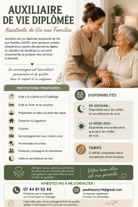 Photo de galerie - Auxiliaire de vie disponible toute la semaine pour des veilles de nuit avec soins si nécessaire.
Disponible également le week-end pour différents accompagnements :
• Aide au ménage
• Aide à la préparation et à la prise des repas
• Aide aux soins 