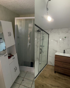 Photo de galerie - Rénovation complète SDB : dépose, étanchéité, faïence, douche, meuble vasque.