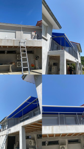 Photo de galerie - Réalisation de l’installation d’un store banne électrique et d’un garde-corps en aluminium de la marque Instalux, en collaboration avec la Vitrerie Moderne.”