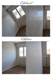 Photo de galerie - 1. Dépose du papier peint existant.

2. Pose d’une toile de verre lisse (effet lisse, prête à peindre).

3. Réalisation peinture blanc velours murs et plafond. 
