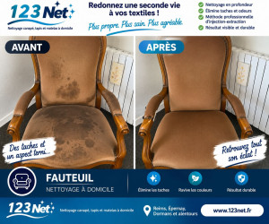 Photo de galerie - Nettoyage professionnel d’un fauteuil en tissu – résultat avant/après