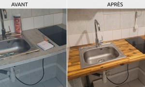 Photo de galerie - Remplacement de plan de travail de cuisine. Dépose de l'ancien plan de travail, pose d'un nouveau plan de travail en bois. Découpes réalisées pour l'évier et les plaques de cuisson.

