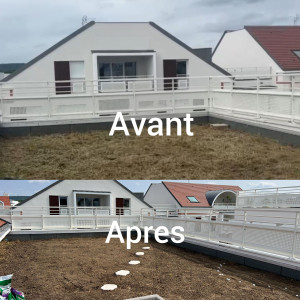 Photo de galerie - Retournement et nettoyage complet de l’ancien sol
Nivellement du terrain
Semis de gazon
Passage du rouleau pour une meilleure implantation
Pose de pas japonais pour un accès pratique et esthétique