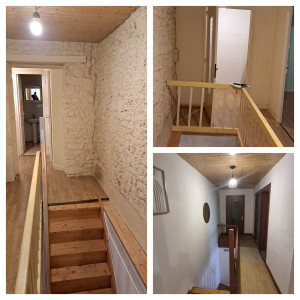Photo de galerie - Isolation des murs en pierres sur rail avec isolant 200mm ,pose de lino,peinture murale ,pose de plinthes et peinture des boiserie (garde corp des escaliers,encadrement des portes,porte et plinthe)