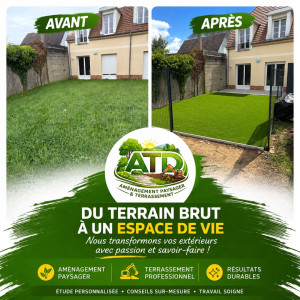 Photo de galerie - Aménagement complet clôture gazon synthétique et terrasse sur plot 
