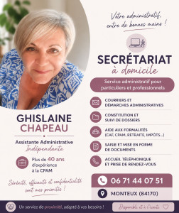 Photo de galerie - Assistante administrative indépendante
✓ Courriers et démarches administratives
✓ Constitution de dossiers
✓ Aide aux formalités CPAM, CAF, retraite, impôts
✓ Saisie et mise en forme de documents
✓ Accueil téléphonique
? 06 71 44 07 51
? Monteux (84170)