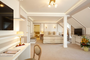 Photo de galerie - Rénovation de l'hôtel Régina de Paris, exemple d'une chambre sous rampants.