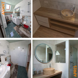 Photo de galerie - Rénovation totale salle d'eau 1er étage d'une maison, intégration bandeau LED, création meuble sur mesure