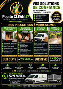 Photo de galerie - Multiservice intervenant 7j/7 dans le 47, le 33 et le 24.
​Services & Tarifs
​Déménagement (particuliers/pros, local/longue distance) — Sur devis
​Évacuation d'encombrants & vide-maison (tri et recyclage) — 20 € à 80 € / m³
​Livraison de meubles & colis (