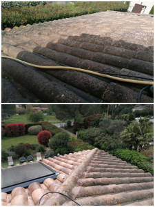 Photo de galerie - Nettoyage toiture, fixations tuiles descellées et application hydrofuge 