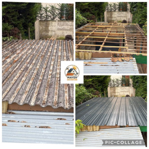 Photo de galerie - Rénovation complète de toiture de dépendance (garage/abri de jardin). Remplacement de tôles amiantées et de la charpente bois par une structure neuve et une couverture moderne en bac acier laqué. Un avant/après spectaculaire pour une étanchéité durable.