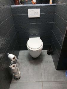 Photo de galerie - Dépose d'une cuvette wc sol par un wc suspendu , pose du caisson et faience murale 