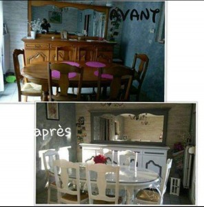 Photo de galerie - Rénovation de la salle à manger ponçage + multiples couches de peinture sur le buffet le miroir la table et chaises