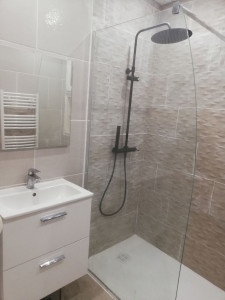 Photo de galerie - Création d'une douche à l'italienne plus carrelage au mur et sol et faux plafond. 
