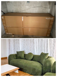 Photo de galerie - AVANT/APRÈS, nous avons montrer de quoi deux jeunes étaient capables de réaliser ! 
Déplacer ce canapé n'était pas mince à faire après l'avoir monté sur 6 étages d'un escalier très serré sans ascenseur.