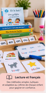 Photo de galerie - Lecture et français
Apprendre autrement, à son rythme
Lecture, sons, compréhension et français avec des supports ludiques et adaptés.