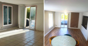 Photo de galerie - Avant après 
peinture complète rez de chaussé 
pose pleinthes+ parquet 
