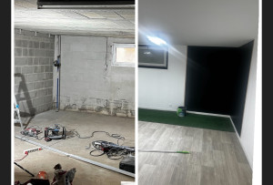 Photo de galerie - Création pièce de vie 20m2 sous sol, faux plafond + isolation placo, bandes, ratissage, peinture, sol, électricité. 