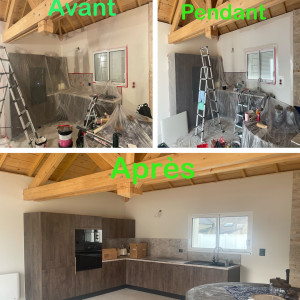 Photo de galerie - Préparation complète des murs : application de deux couches d’enduit de lissage, ponçage, sous-couche d’impression et finition avec deux couches de peinture velours gris.