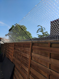 Photo de galerie - Installation d'un filet tendu sur tendeurs et bracants ferraille , pour cour d'un client .
sécurité pour des chats ? 